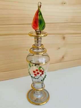Vintage Hand Blown Glass Egyptian Perfume Bottle with Stopper Empty Red Green